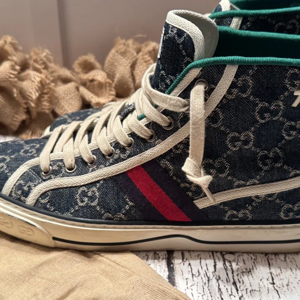 Men's Gucci High Top Denim Sneakers Monogram Blue Cream 8 - Picture 6 of 8